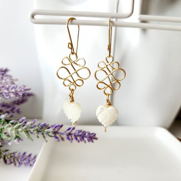 White Shell Heart Leaf Earrings / Gold Wire-Wrapped Dangle Earrings / Handmade - Picture 8 of 9